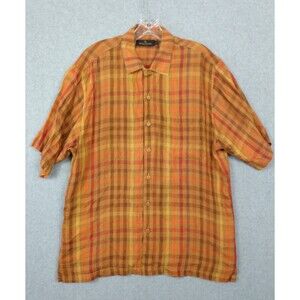 Bugatchi Uomo Shirt Mens Large Orange Brown Plaid Linen Button Up Casual Pocket
